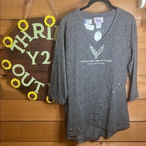 NWT National Corvette Museum Grommet Charcoal V-Neck Logo 3/4 Shirt Official